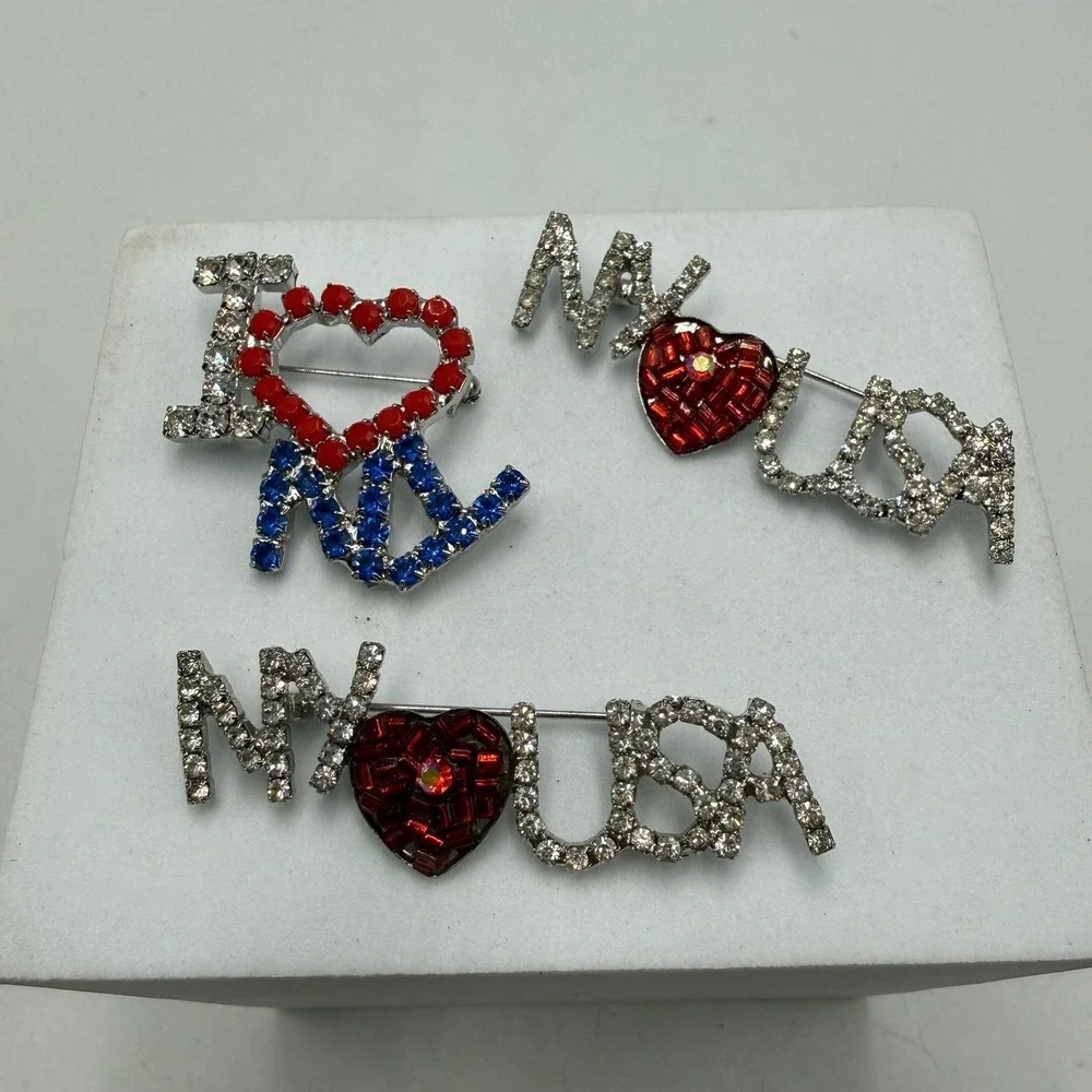Vintage Rhinestone Brooch Set 3pc I Heart NY USA Patriotic Silver Tone Pins